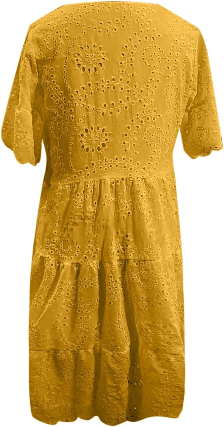 Womens Boho Summer Dresses 2025 Resort V Neck Short Sleeve Hollow Out Lace Ruffle Casual Beach Mini Vacation Dress