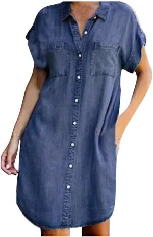 Womens Button Down Denim Shirt Dresses Short Sleeve Shift Dress Summer Causal Tunic Top 2023 Vintage Sun Dresses Outfits