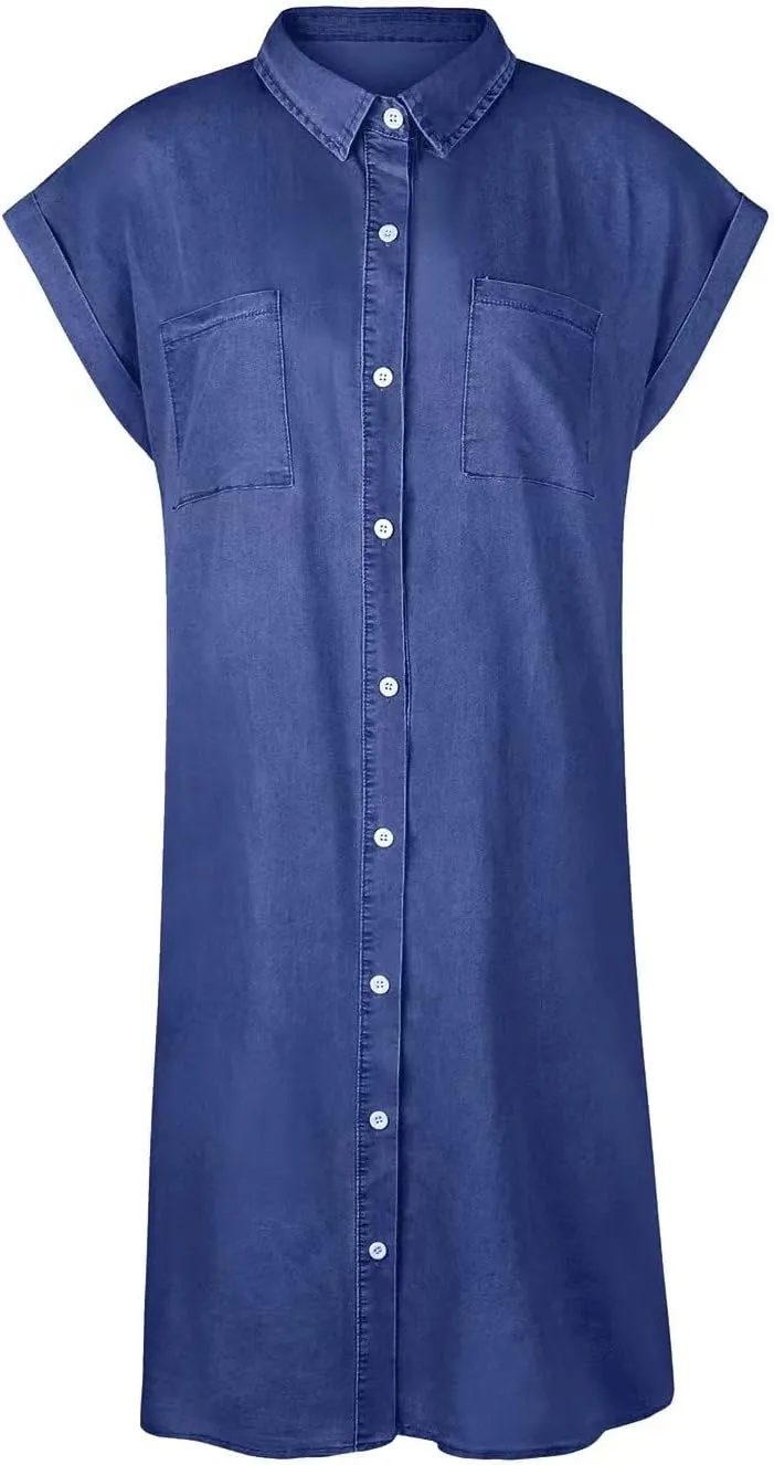 Womens Button Down Denim Shirt Dresses Short Sleeve Shift Dress Summer Causal Tunic Top 2023 Vintage Sun Dresses Outfits