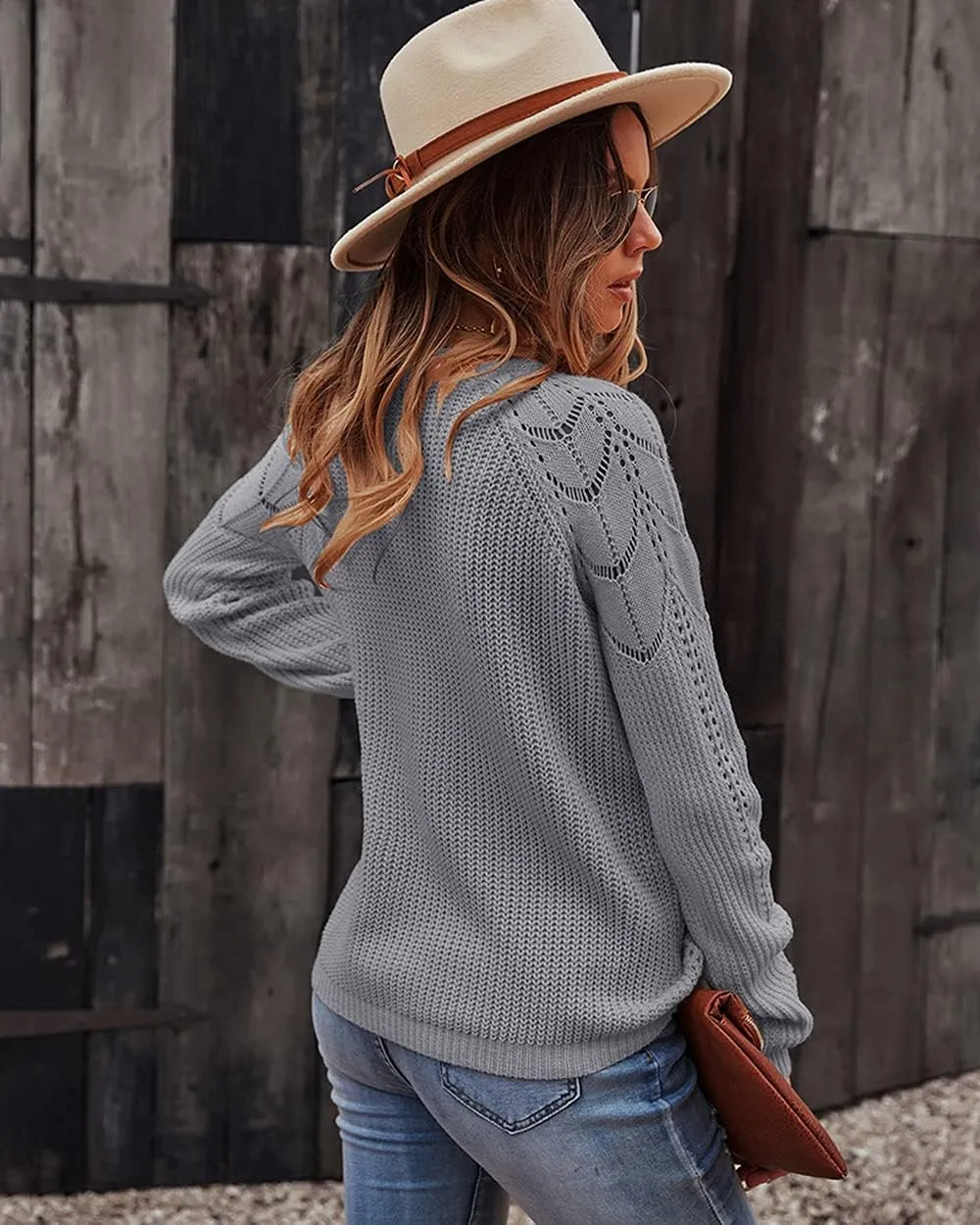 Women's Cable Knitted Sweaters,Crew Neck Long Sleeve Casual Slim Fitted Pullover Tops