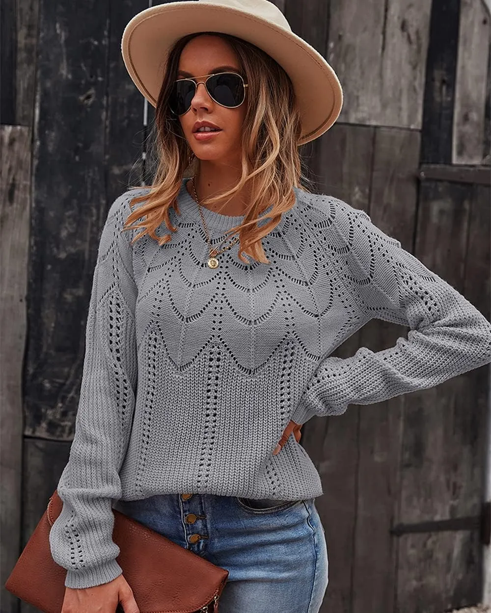 Women's Cable Knitted Sweaters,Crew Neck Long Sleeve Casual Slim Fitted Pullover Tops