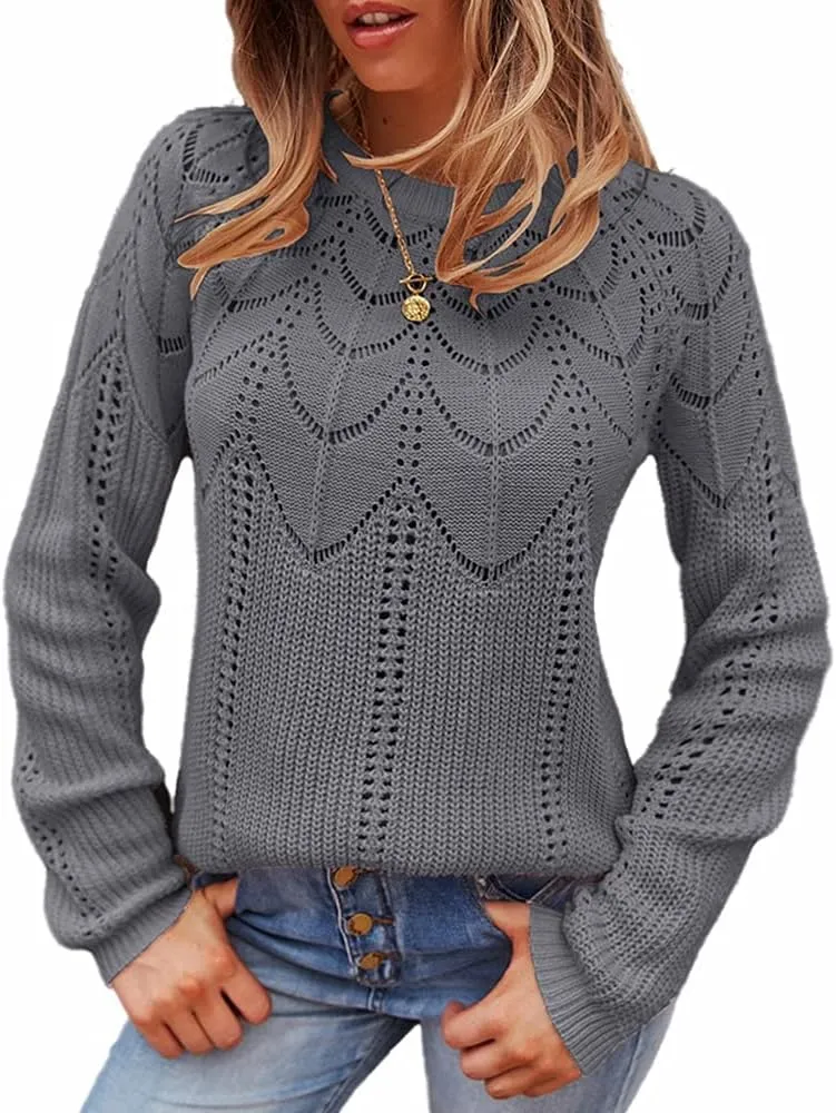 Women's Cable Knitted Sweaters,Crew Neck Long Sleeve Casual Slim Fitted Pullover Tops