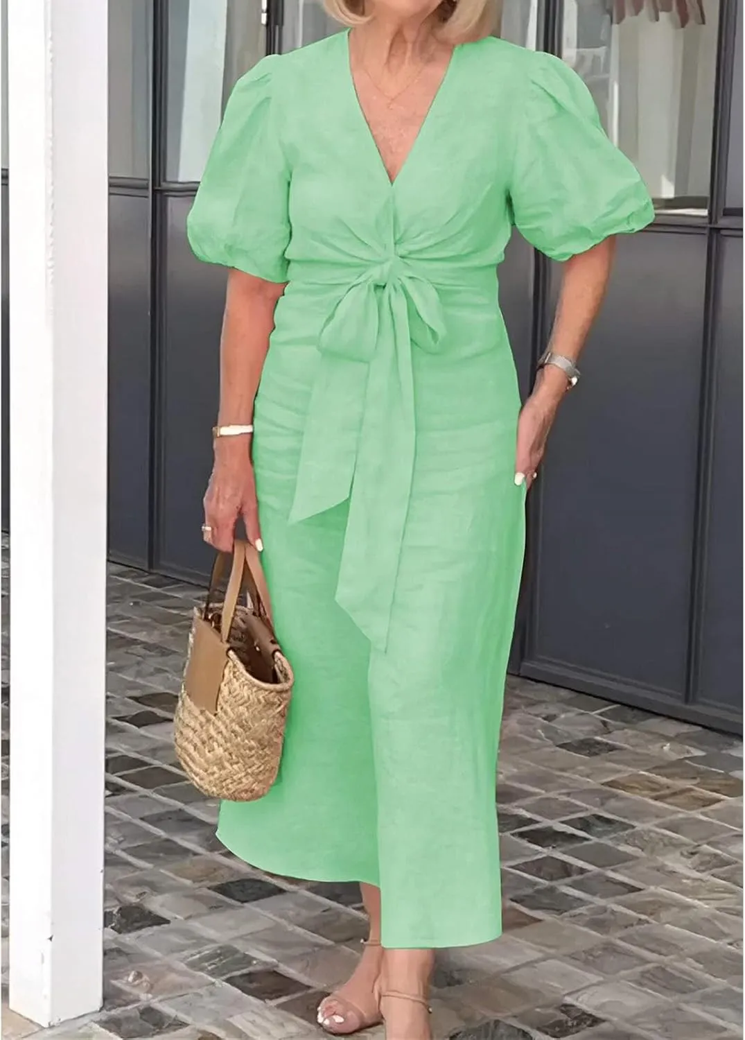 Womens Casual Dress Cotton V Neck Puff Short Sleeve Ruffle Dress Summer Flowy Loose Long Dresses with Belt