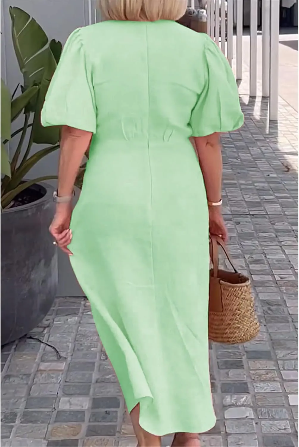 Womens Casual Dress Cotton V Neck Puff Short Sleeve Ruffle Dress Summer Flowy Loose Long Dresses with Belt