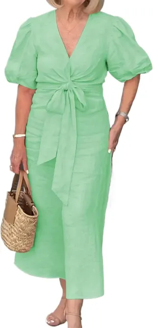 Womens Casual Dress Cotton V Neck Puff Short Sleeve Ruffle Dress Summer Flowy Loose Long Dresses with Belt