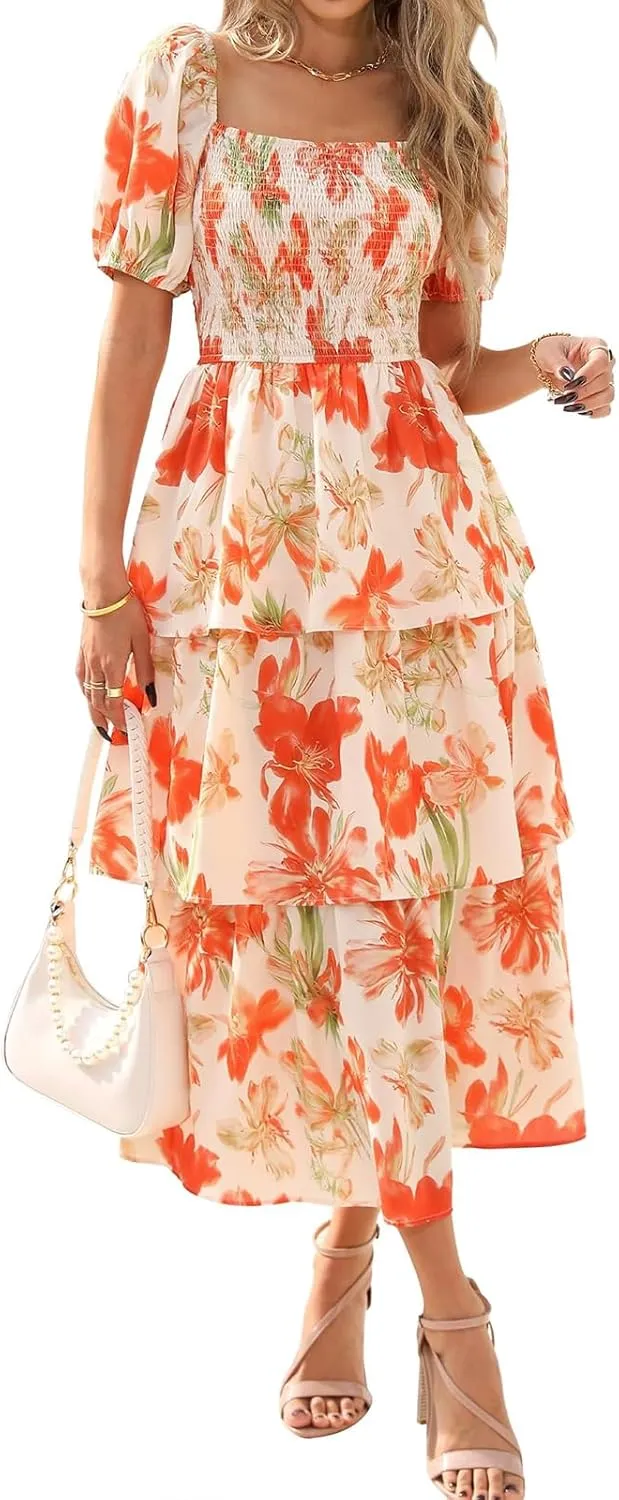 Womens Casual Summer Midi Dress Smocked Square Neck Puff Short Sleeve Floral Dress Flowy Tiered Ruffle Guest Dresses