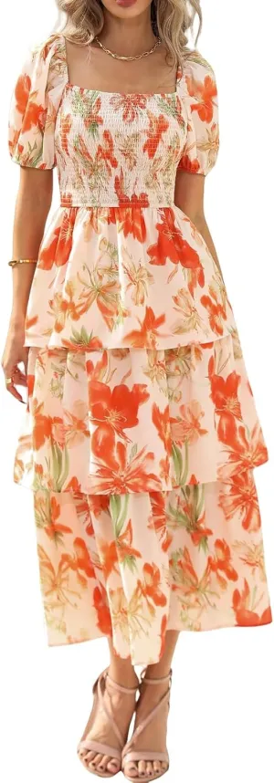 Womens Casual Summer Midi Dress Smocked Square Neck Puff Short Sleeve Floral Dress Flowy Tiered Ruffle Guest Dresses