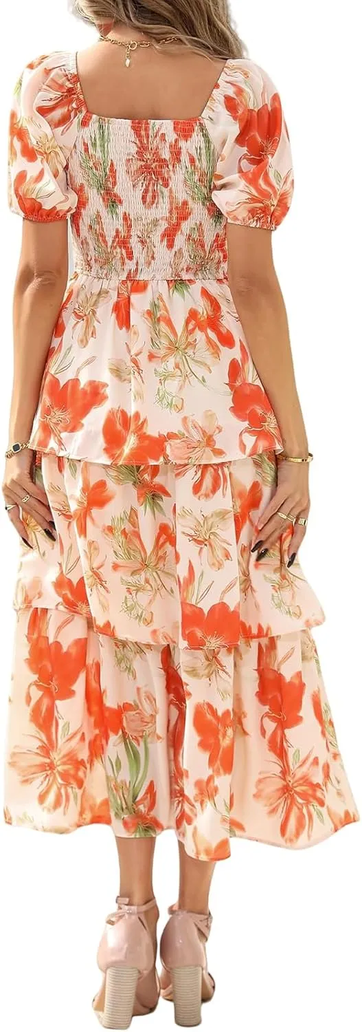 Womens Casual Summer Midi Dress Smocked Square Neck Puff Short Sleeve Floral Dress Flowy Tiered Ruffle Guest Dresses