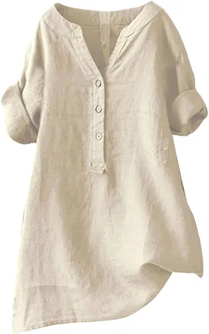 Womens Collared Button Down Shirt V Neck Short Sleeve Linen Summer Casual Work Blouse Top Loose Fit Tee Top