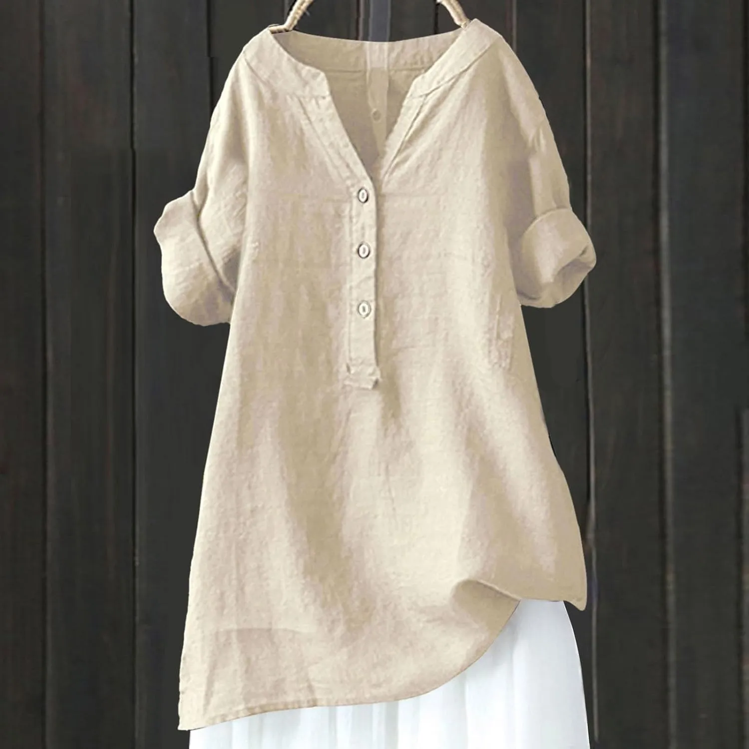 Womens Collared Button Down Shirt V Neck Short Sleeve Linen Summer Casual Work Blouse Top Loose Fit Tee Top