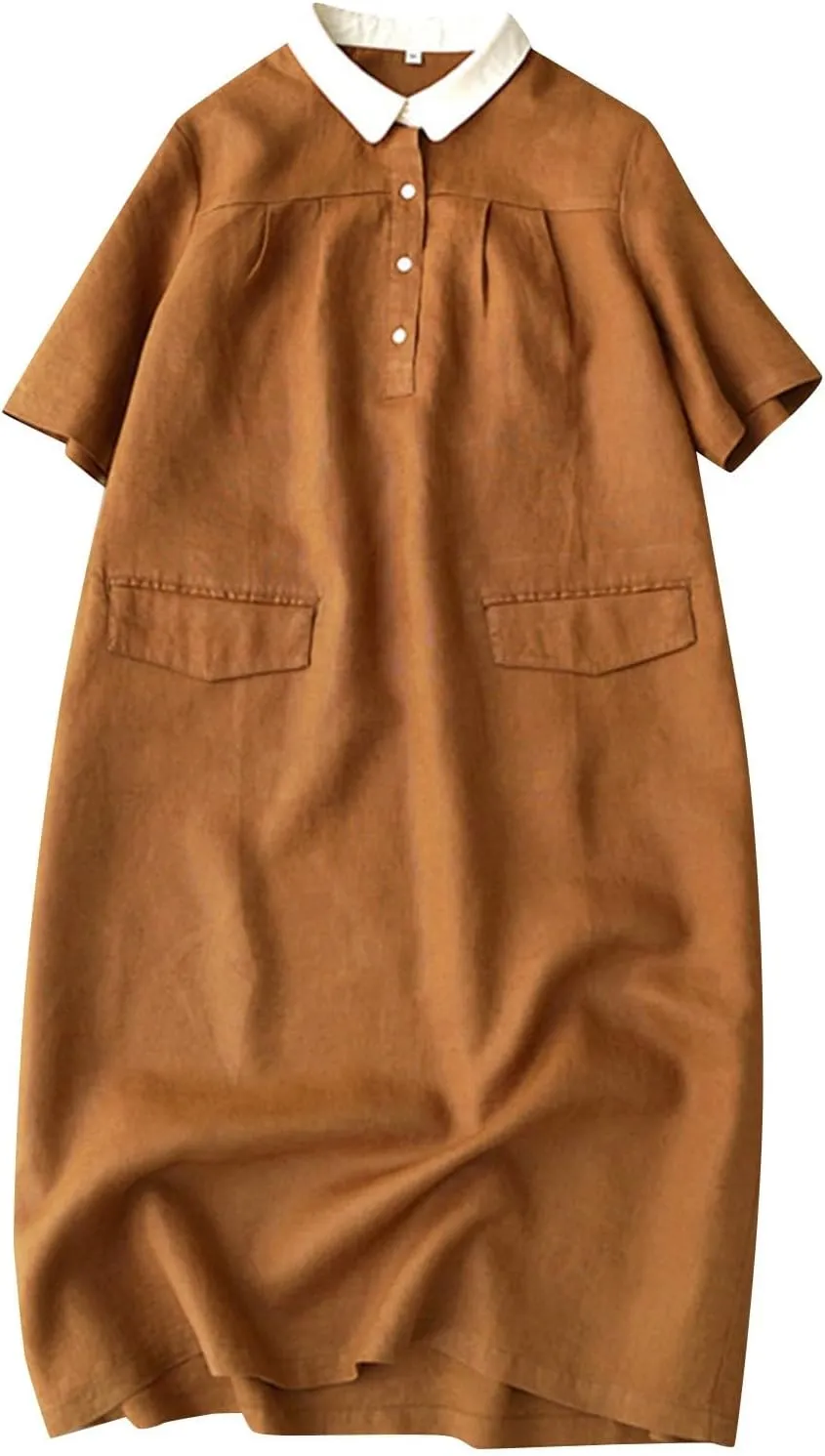 Women's Contrast Collar Linen Shirt 2025 Casual Short Sleeve Button Down Beach Cover up Summer Vacation T-Shirt Dresses