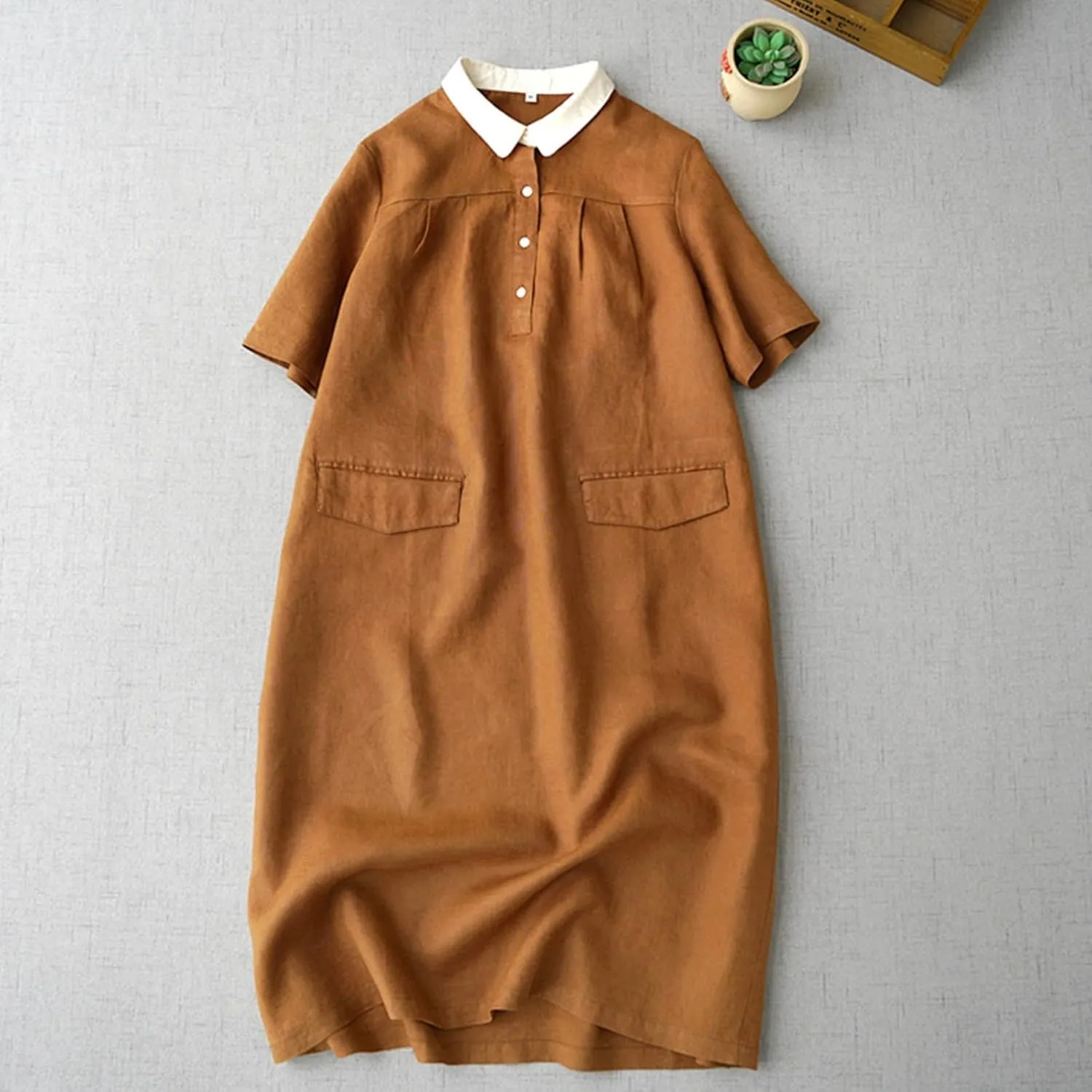 Women's Contrast Collar Linen Shirt 2025 Casual Short Sleeve Button Down Beach Cover up Summer Vacation T-Shirt Dresses