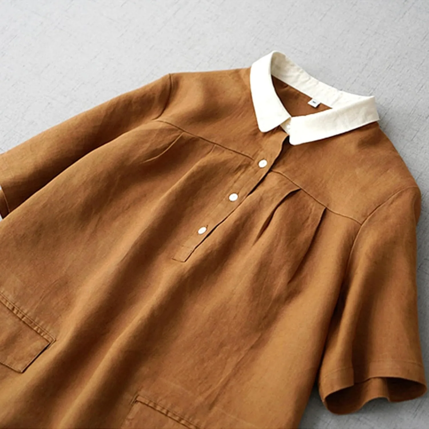 Women's Contrast Collar Linen Shirt 2025 Casual Short Sleeve Button Down Beach Cover up Summer Vacation T-Shirt Dresses