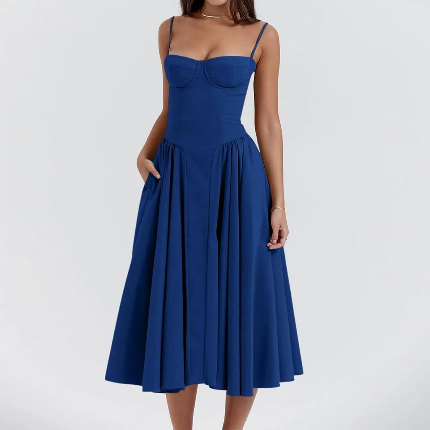 Womens Corset Dress Sexy Sleeveless Spaghetti Strap Bustier A Line Flowy Swing Midi Dress Low Cut Dressy Sundress