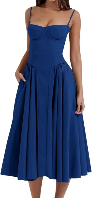 Womens Corset Dress Sexy Sleeveless Spaghetti Strap Bustier A Line Flowy Swing Midi Dress Low Cut Dressy Sundress
