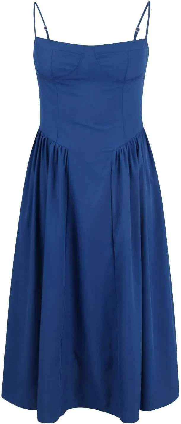 Womens Corset Dress Sexy Sleeveless Spaghetti Strap Bustier A Line Flowy Swing Midi Dress Low Cut Dressy Sundress