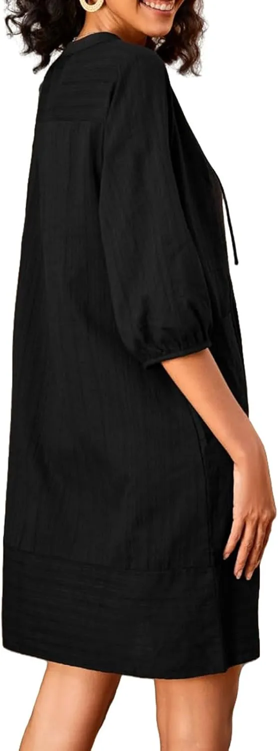Womens Cotton Linen Dress V Neck 3/4 Sleeve Shift Tunic Smock Dresses Summer Casual Loose Dress with Pockets