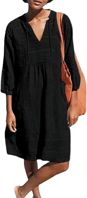 Womens Cotton Linen Dress V Neck 3/4 Sleeve Shift Tunic Smock Dresses Summer Casual Loose Dress with Pockets