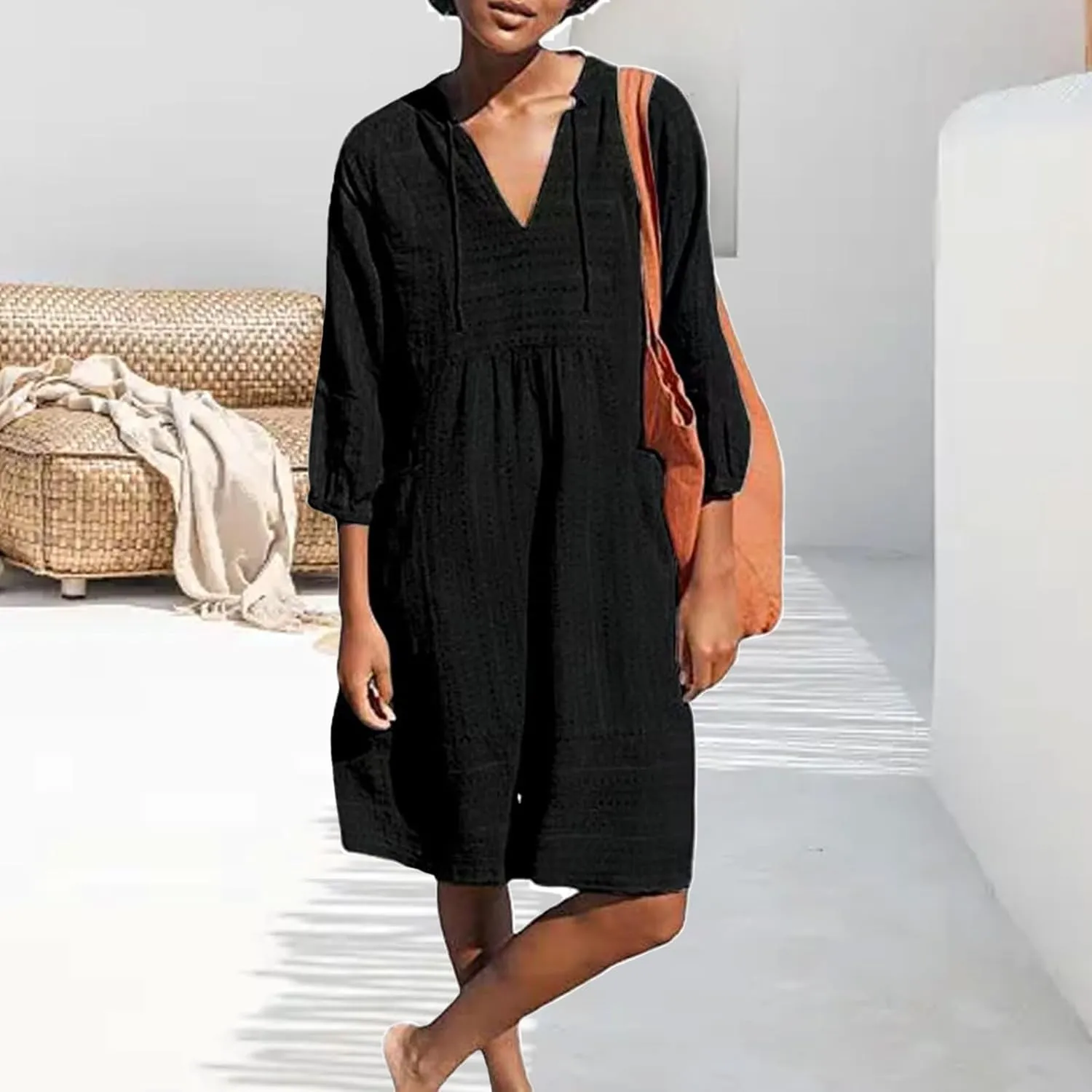 Womens Cotton Linen Dress V Neck 3/4 Sleeve Shift Tunic Smock Dresses Summer Casual Loose Dress with Pockets