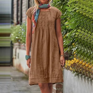 Womens Cotton Linen Dresses Short Sleeve Crew Neck Shift Dress Loose Ruched Solid Color Knee Length Beach Sundress