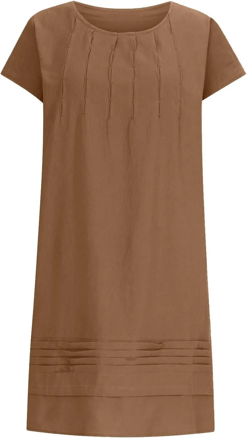 Womens Cotton Linen Dresses Short Sleeve Crew Neck Shift Dress Loose Ruched Solid Color Knee Length Beach Sundress