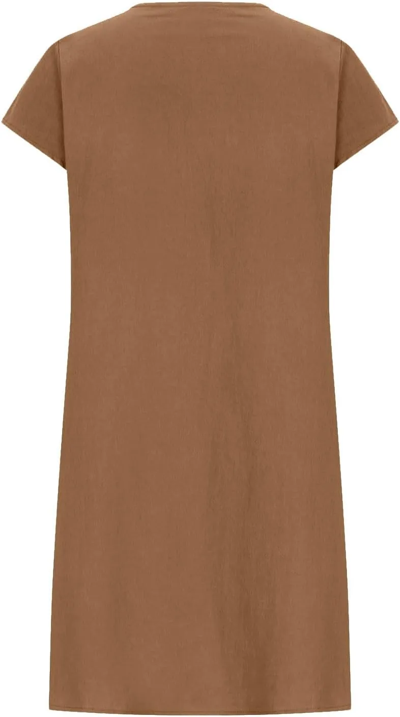 Womens Cotton Linen Dresses Short Sleeve Crew Neck Shift Dress Loose Ruched Solid Color Knee Length Beach Sundress
