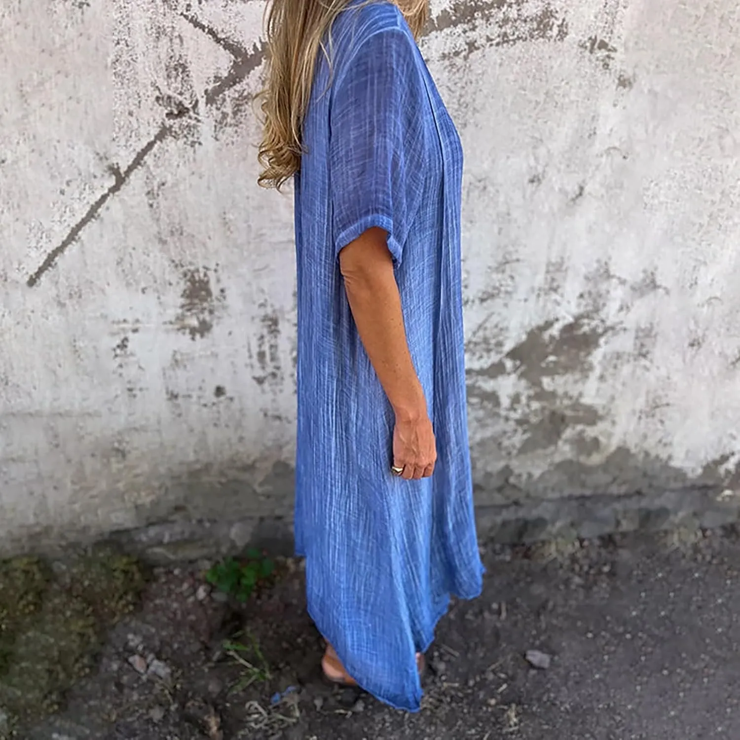 Women's Cotton Linen Maxi Dress Short Sleeve Summer Short Sleeve V-Neck Loose Dresses Solid Vacation Trendy Dresses