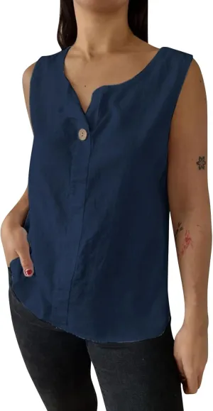 Women's Cotton Linen Tank Tops V Neck Sleeveless Summer Shirts Loose Casual Work Tops Ladies Dressy Blouses