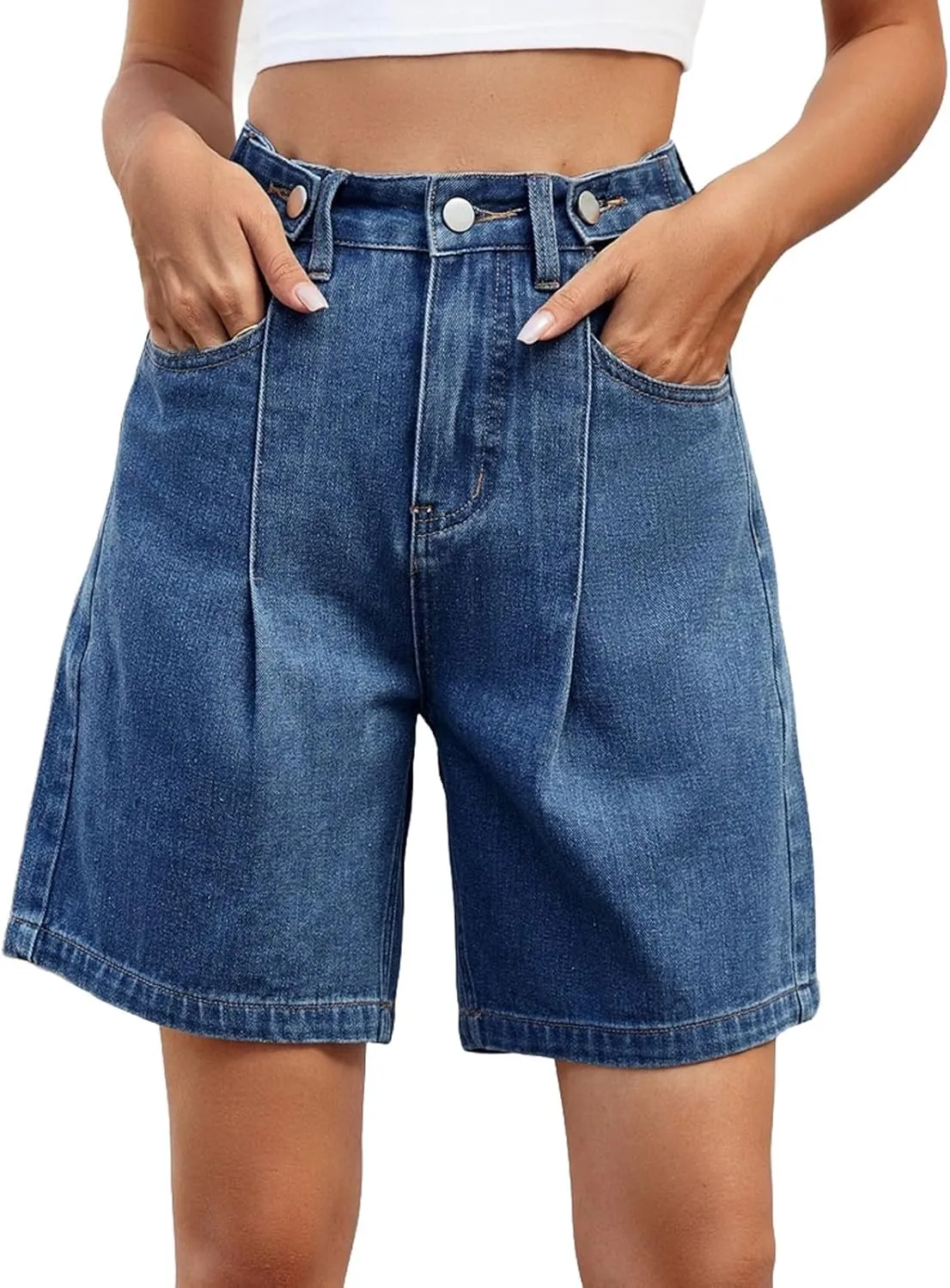 Womens Denim Shorts 9 Inch Inseam - Bermuda Mid-Rise Butt Lift Summer Long Denim 5 Inch Inseam with Pockets