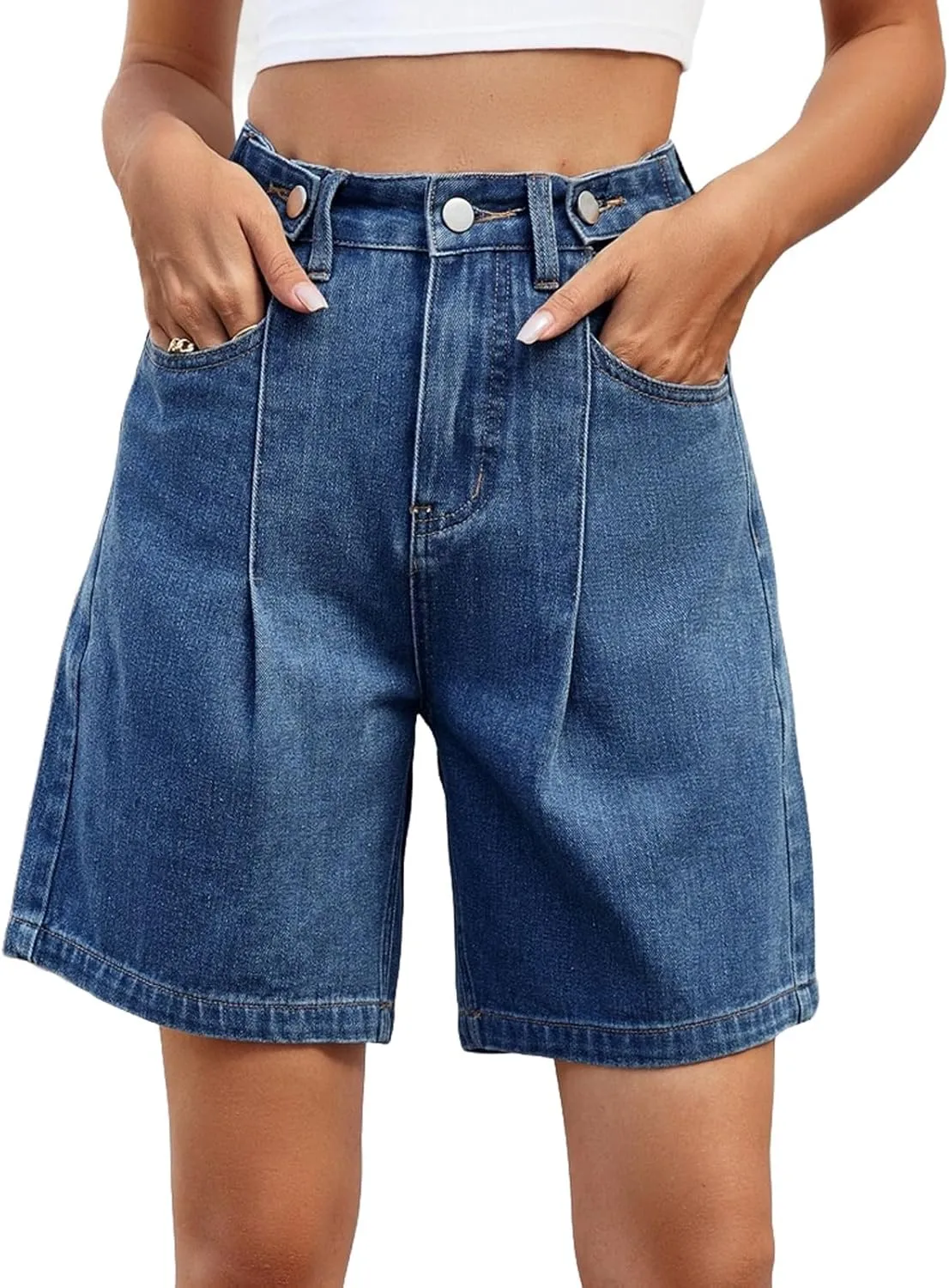 Womens Denim Shorts 9 Inch Inseam - Bermuda Mid-Rise Butt Lift Summer Long Denim 5 Inch Inseam with Pockets