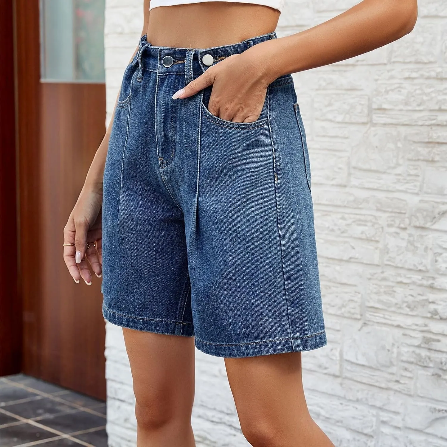 Womens Denim Shorts 9 Inch Inseam - Bermuda Mid-Rise Butt Lift Summer Long Denim 5 Inch Inseam with Pockets