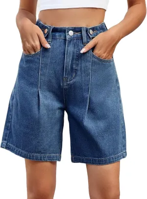 Womens Denim Shorts 9 Inch Inseam - Bermuda Mid-Rise Butt Lift Summer Long Denim 5 Inch Inseam with Pockets