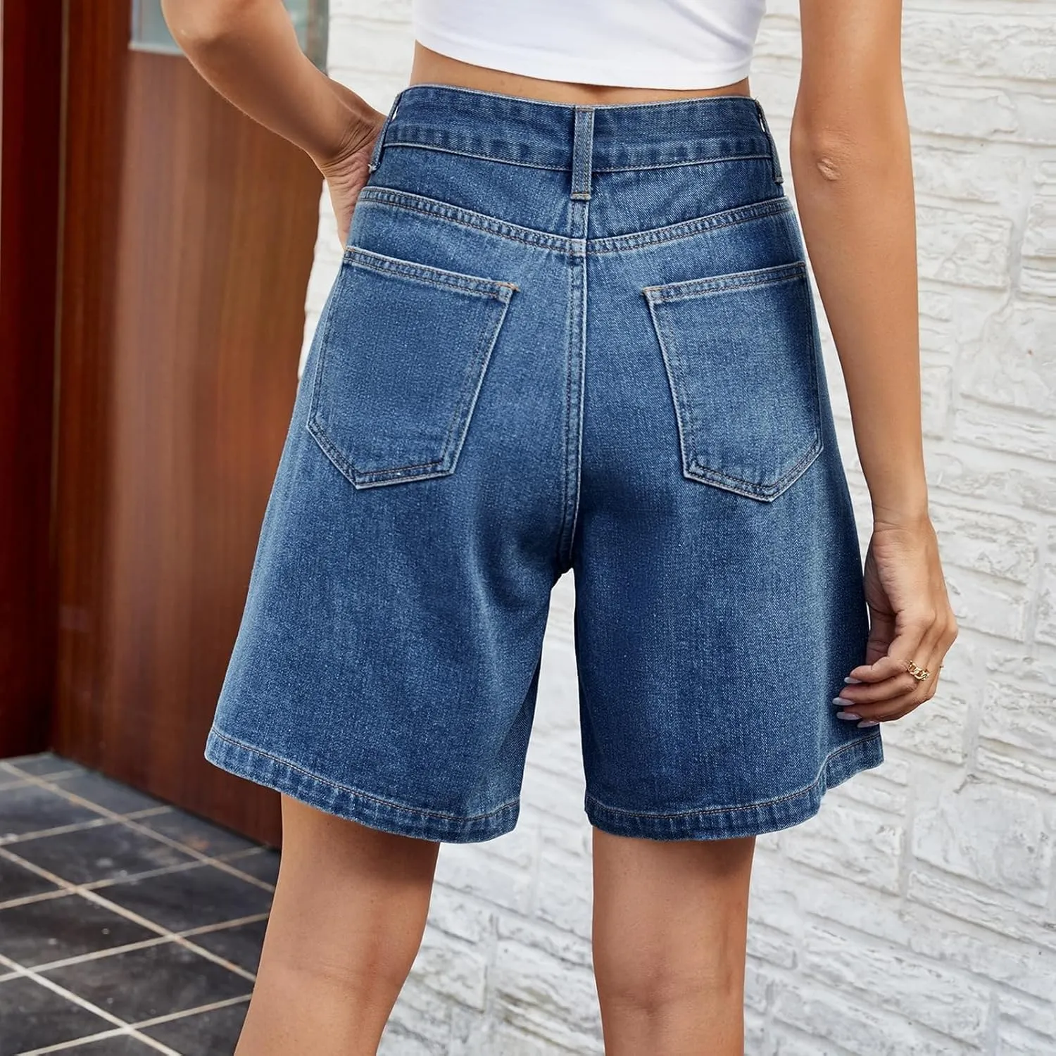 Womens Denim Shorts 9 Inch Inseam - Bermuda Mid-Rise Butt Lift Summer Long Denim 5 Inch Inseam with Pockets