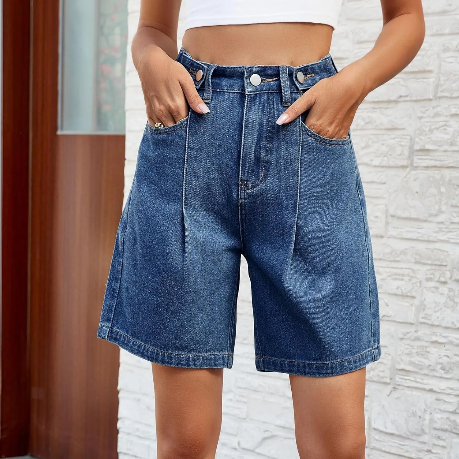 Womens Denim Shorts 9 Inch Inseam - Bermuda Mid-Rise Butt Lift Summer Long Denim 5 Inch Inseam with Pockets