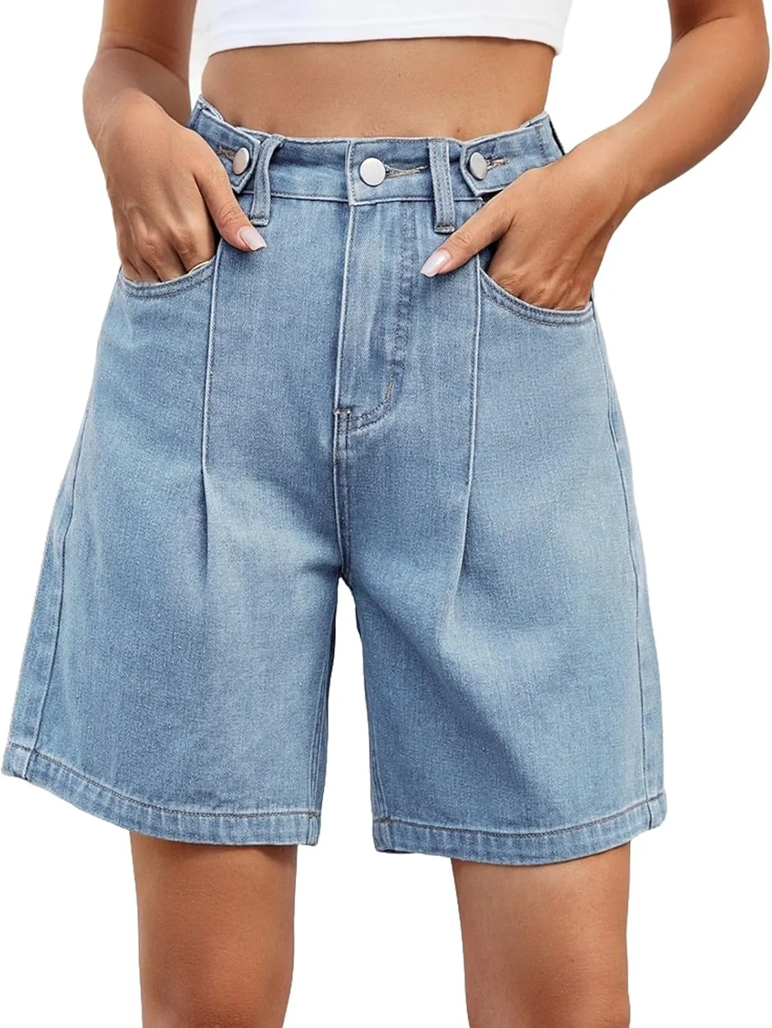 Womens Denim Shorts 9 Inch Inseam - Bermuda Mid-Rise Butt Lift Summer Long Denim 5 Inch Inseam with Pockets