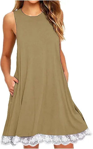 Women's Dress Round Neck Sleeveless with Pockets Skirts Solid Color Comfy Loose Floral Ruffle Hem Dresses Daily