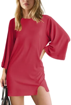 Women's Dresses Loose Fit 3/4 Sleeve Crewneck Mini Dresses Slim Fit Solid Color Fashion Trendy Dressy Dress 2025
