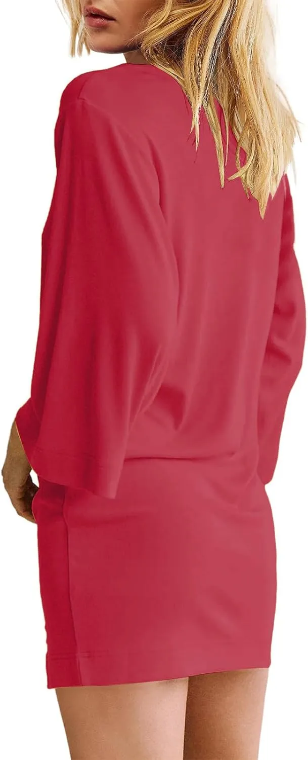 Women's Dresses Loose Fit 3/4 Sleeve Crewneck Mini Dresses Slim Fit Solid Color Fashion Trendy Dressy Dress 2025