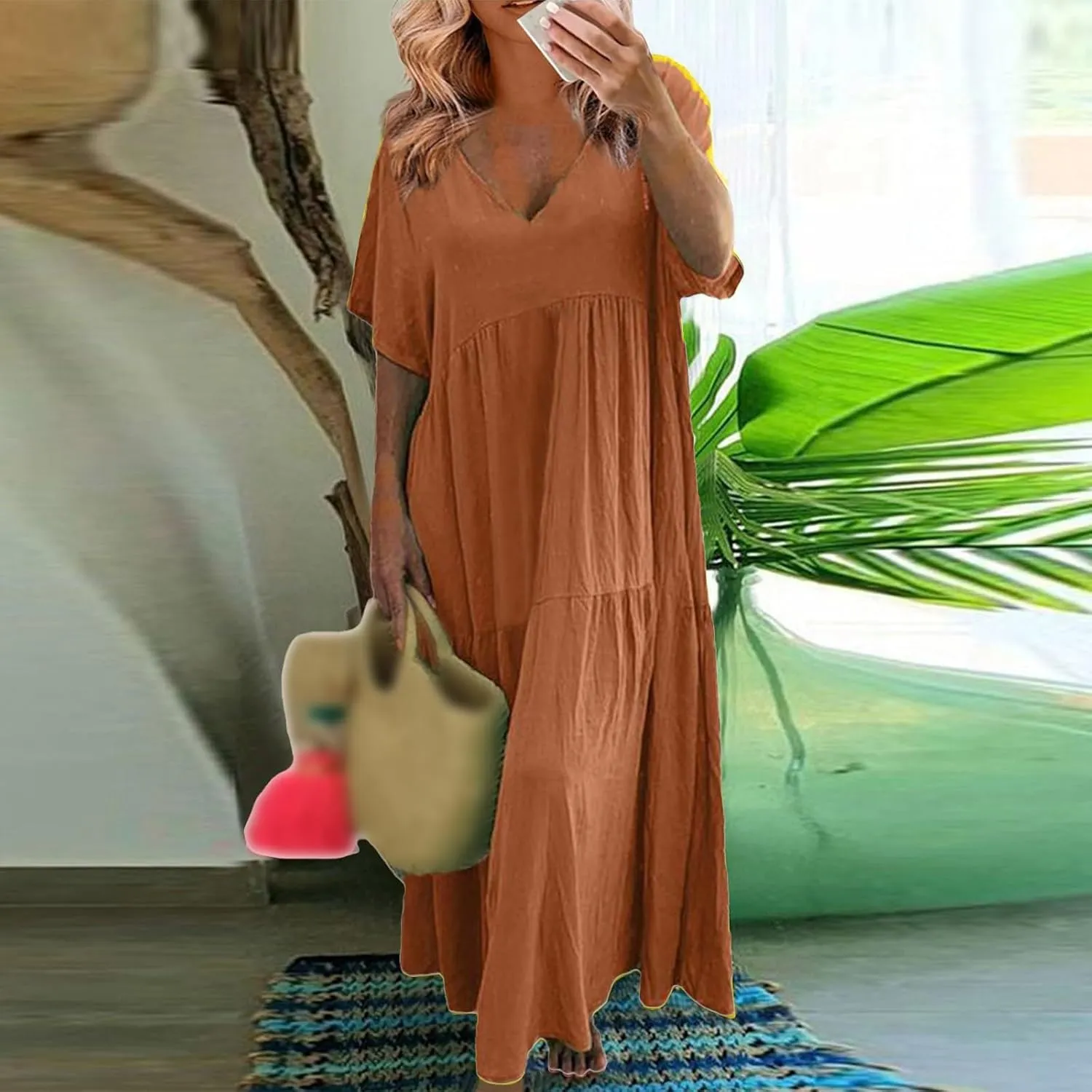 Women's Dresses Plus Size V Neck Short Sleeve Maxi Dress Loose Fit Floor Maxi Dress Ruffle Flowy Swing Sundress 2025