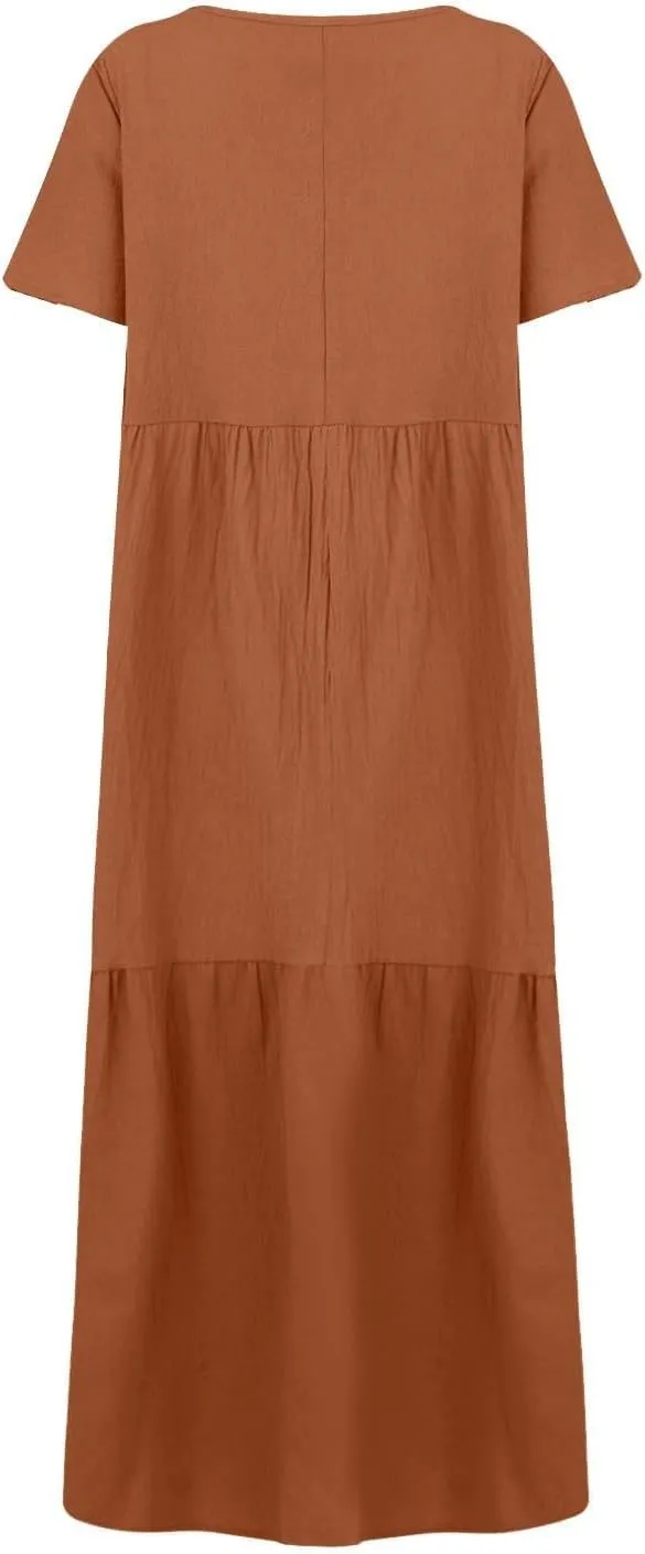 Women's Dresses Plus Size V Neck Short Sleeve Maxi Dress Loose Fit Floor Maxi Dress Ruffle Flowy Swing Sundress 2025