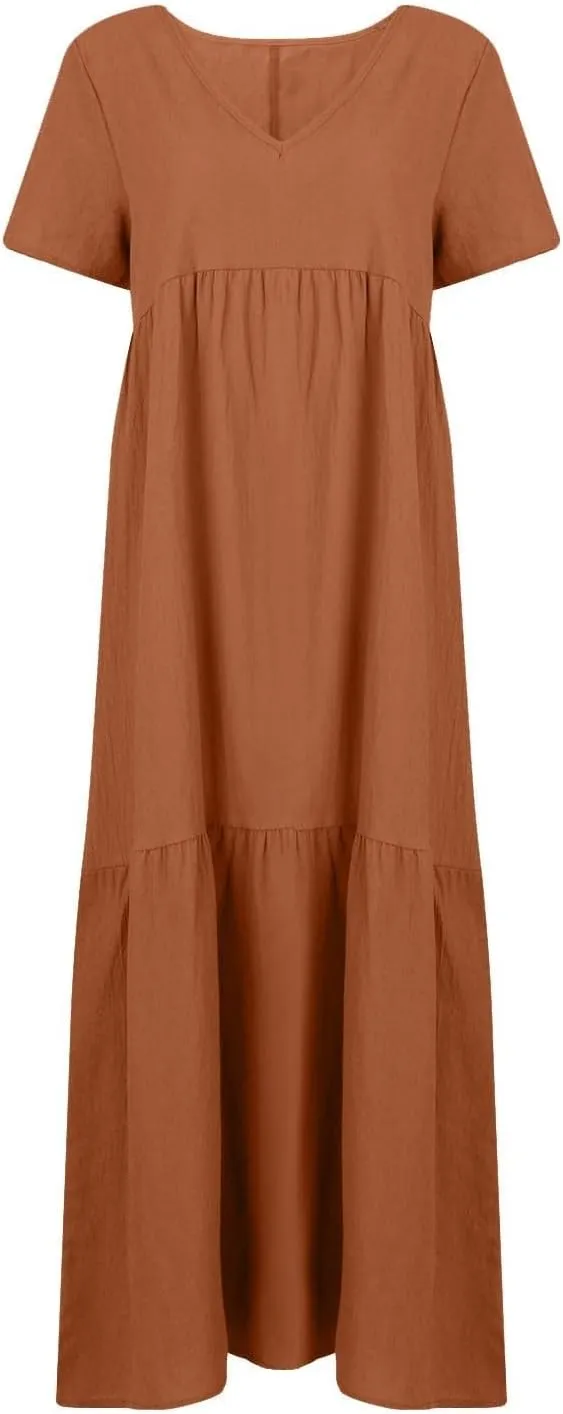 Women's Dresses Plus Size V Neck Short Sleeve Maxi Dress Loose Fit Floor Maxi Dress Ruffle Flowy Swing Sundress 2025