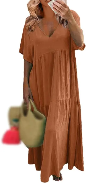 Women's Dresses Plus Size V Neck Short Sleeve Maxi Dress Loose Fit Floor Maxi Dress Ruffle Flowy Swing Sundress 2025