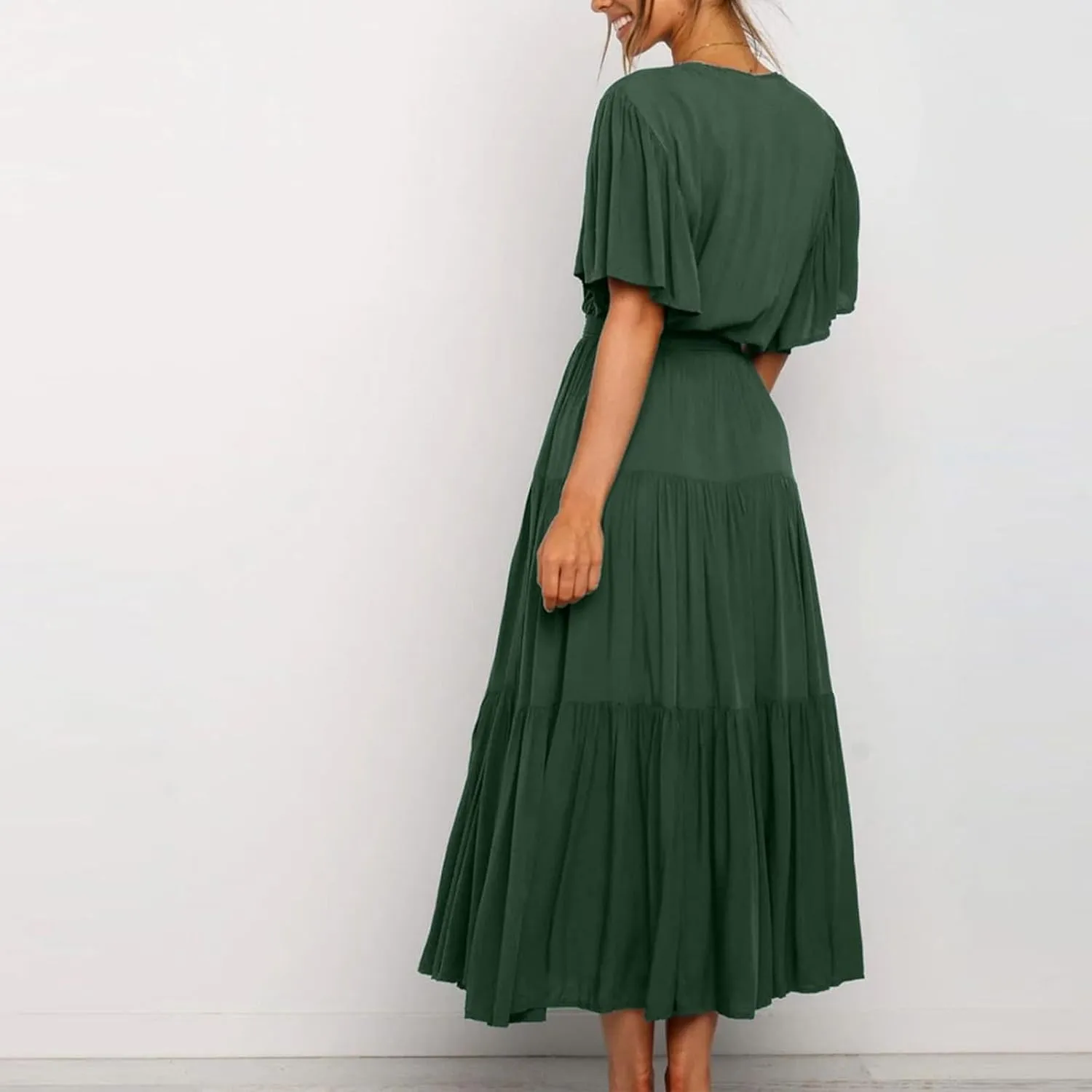 Womens Dresses Spring Sexy Dresses Short Sleeve Ruched Dress V Neck Tiered A Line Dress Summer with Belt