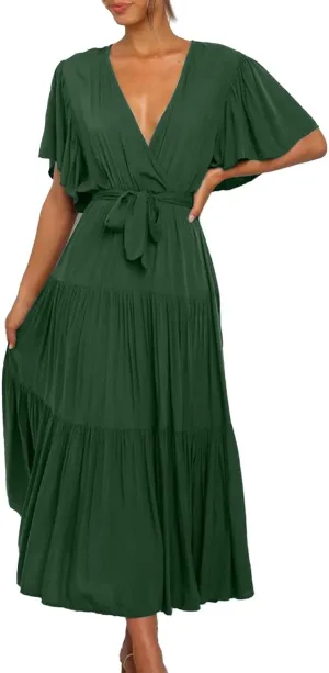 Womens Dresses Spring Sexy Dresses Short Sleeve Ruched Dress V Neck Tiered A Line Dress Summer with Belt