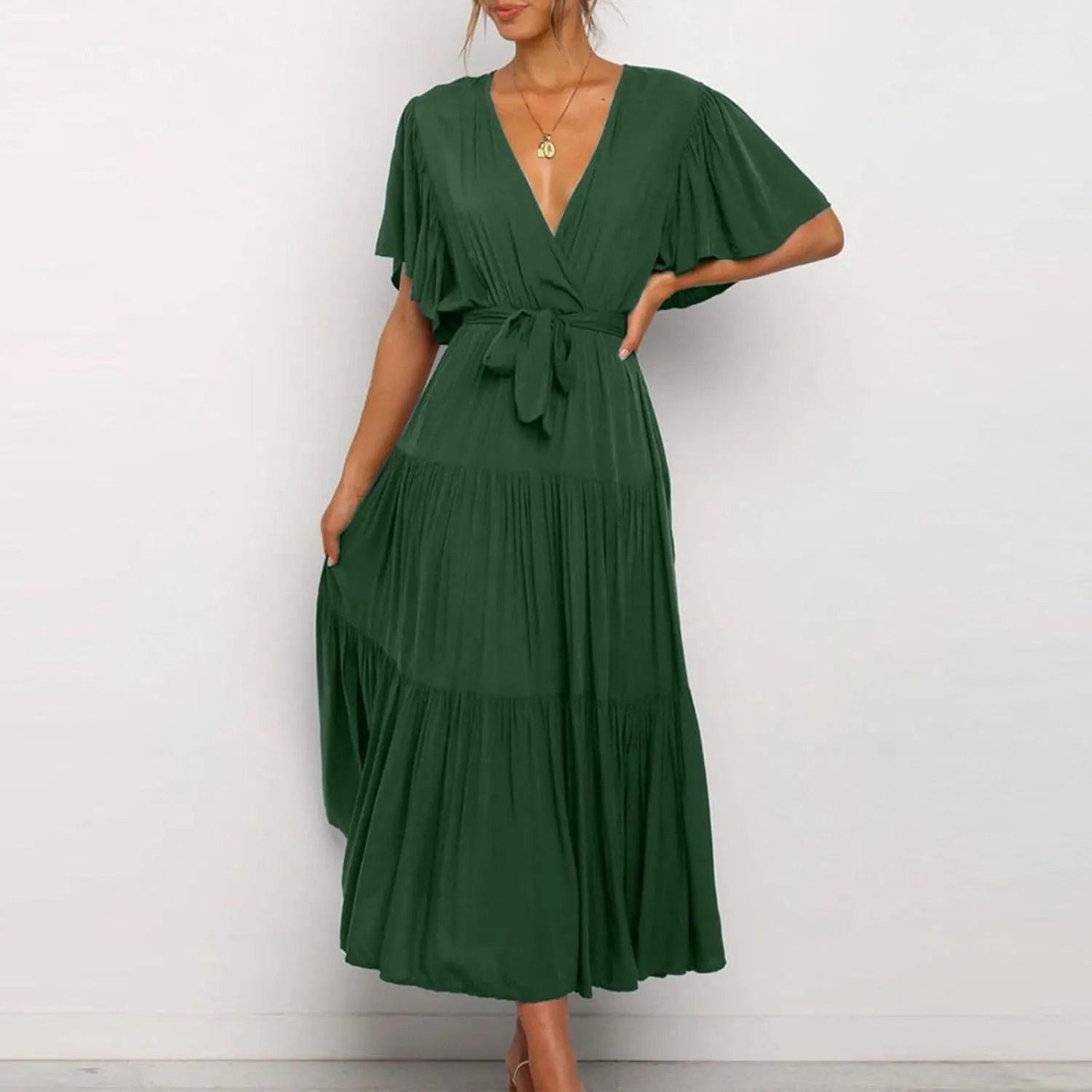 Womens Dresses Spring Sexy Dresses Short Sleeve Ruched Dress V Neck Tiered A Line Dress Summer with Belt