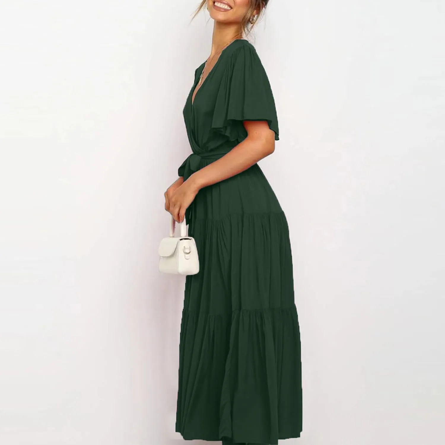 Womens Dresses Spring Sexy Dresses Short Sleeve Ruched Dress V Neck Tiered A Line Dress Summer with Belt