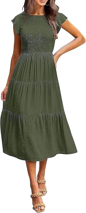 Womens Dresses Summer Casual Ruffle Short Sleeve Crew Neck Midi Dresses Elastic Waist Tiered Sundress 2025