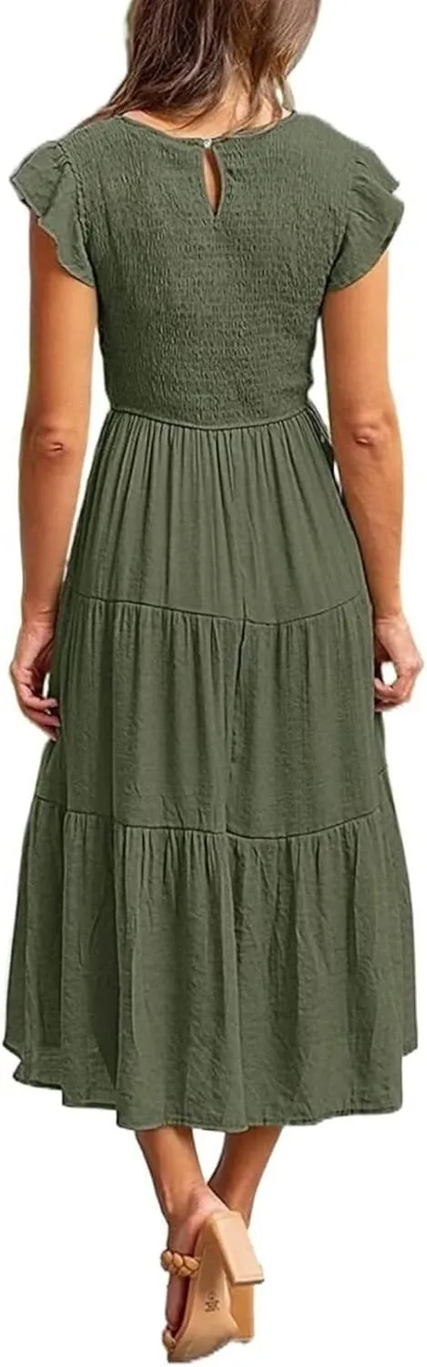 Womens Dresses Summer Casual Ruffle Short Sleeve Crew Neck Midi Dresses Elastic Waist Tiered Sundress 2025