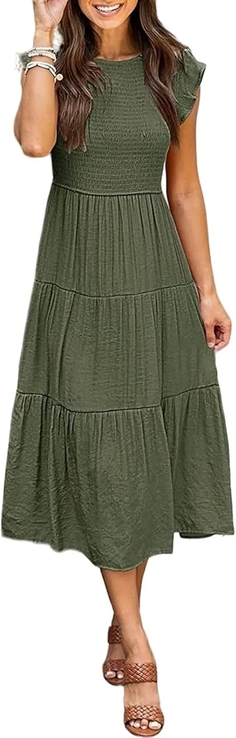 Womens Dresses Summer Casual Ruffle Short Sleeve Crew Neck Midi Dresses Elastic Waist Tiered Sundress 2025