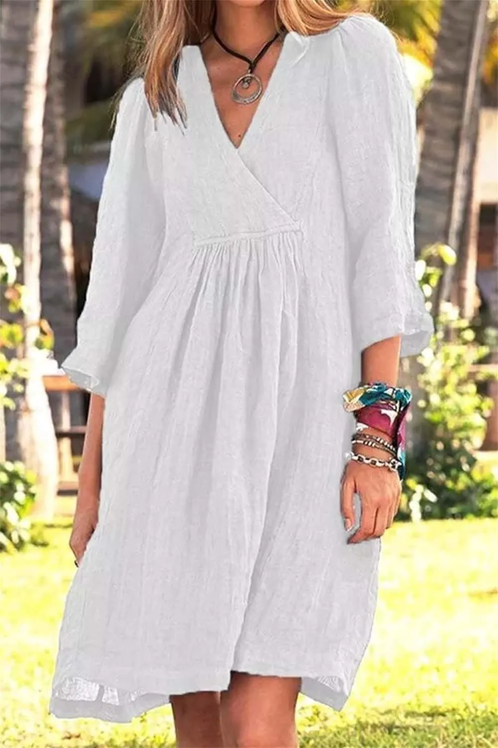Womens Dresses Summer Cotton Linen 3/4 Sleeve V Neck Midi Dress Casual Loose Fit Beach Vacation Dress 2025